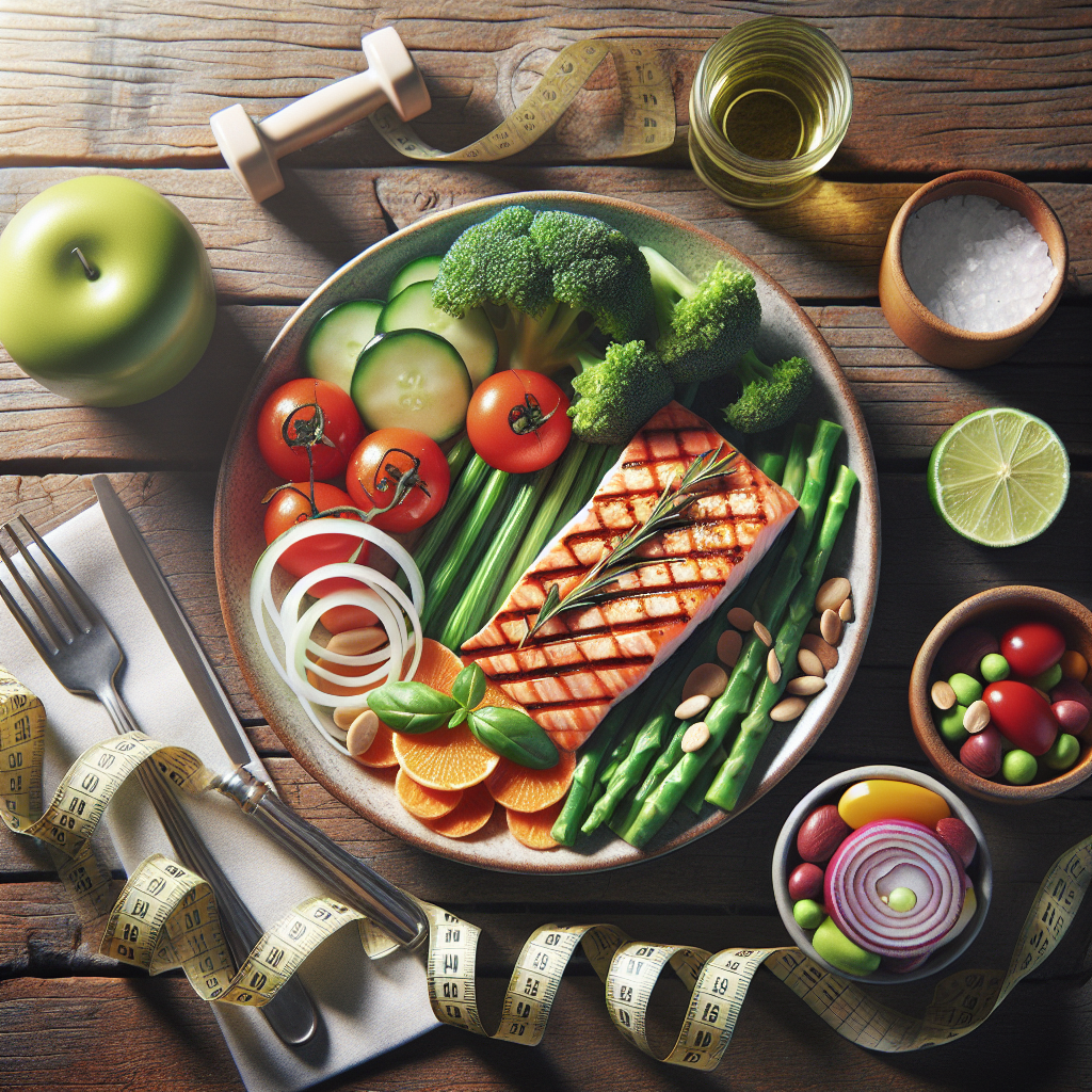 A visually appealing flat lay photograph of a balanced, high-protein meal on a rustic wooden table. The meal features lean protein (e.g., grilled salmon or chicken), colorful fresh vegetables, and a small serving of complex carbs. Beside the plate, subtle elements like a small dumbbell or a measuring tape are artfully placed, hinting at fitness and body composition goals. Soft, natural light, healthy lifestyle aesthetic.