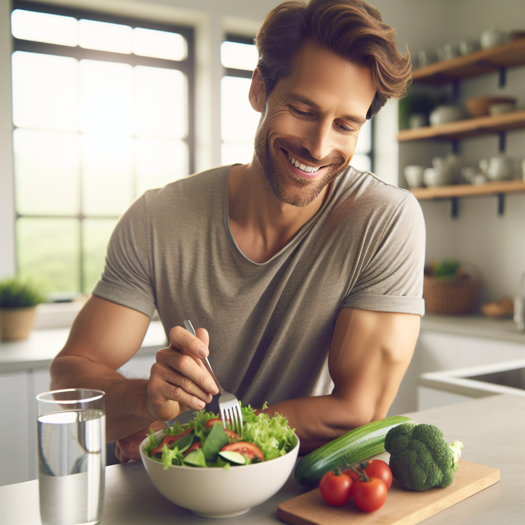 A serene person, mid-30s, with a relaxed smile, effortlessly assembling a vibrant, healthy lunch (like a colorful salad) in a bright, modern kitchen. A prominent glass of water is on the counter. The scene conveys a sense of ease, enjoyment, and natural well-being in their daily routine, without any hint of struggle or deprivation. Soft, natural lighting.