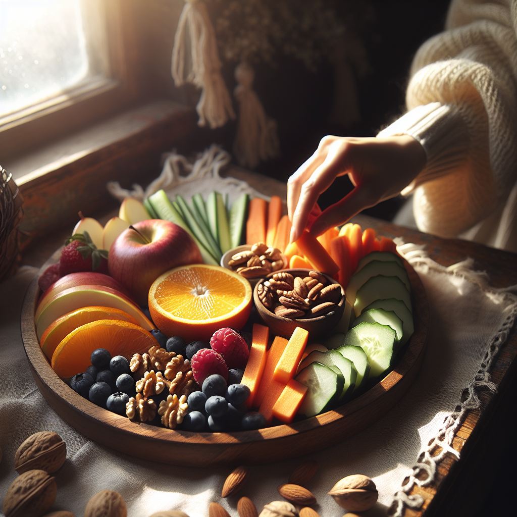 A close-up of a beautifully arranged, healthy snack platter featuring colorful fruit slices, crunchy vegetable sticks, and a small portion of nuts. A hand gently reaches for a piece of fruit. The setting is a cozy, inviting space, perhaps a sunlit window sill or a comfortable desk. The image should convey satisfaction, abundance, and the joy of healthy choices without feeling like a diet. Soft, inviting light.