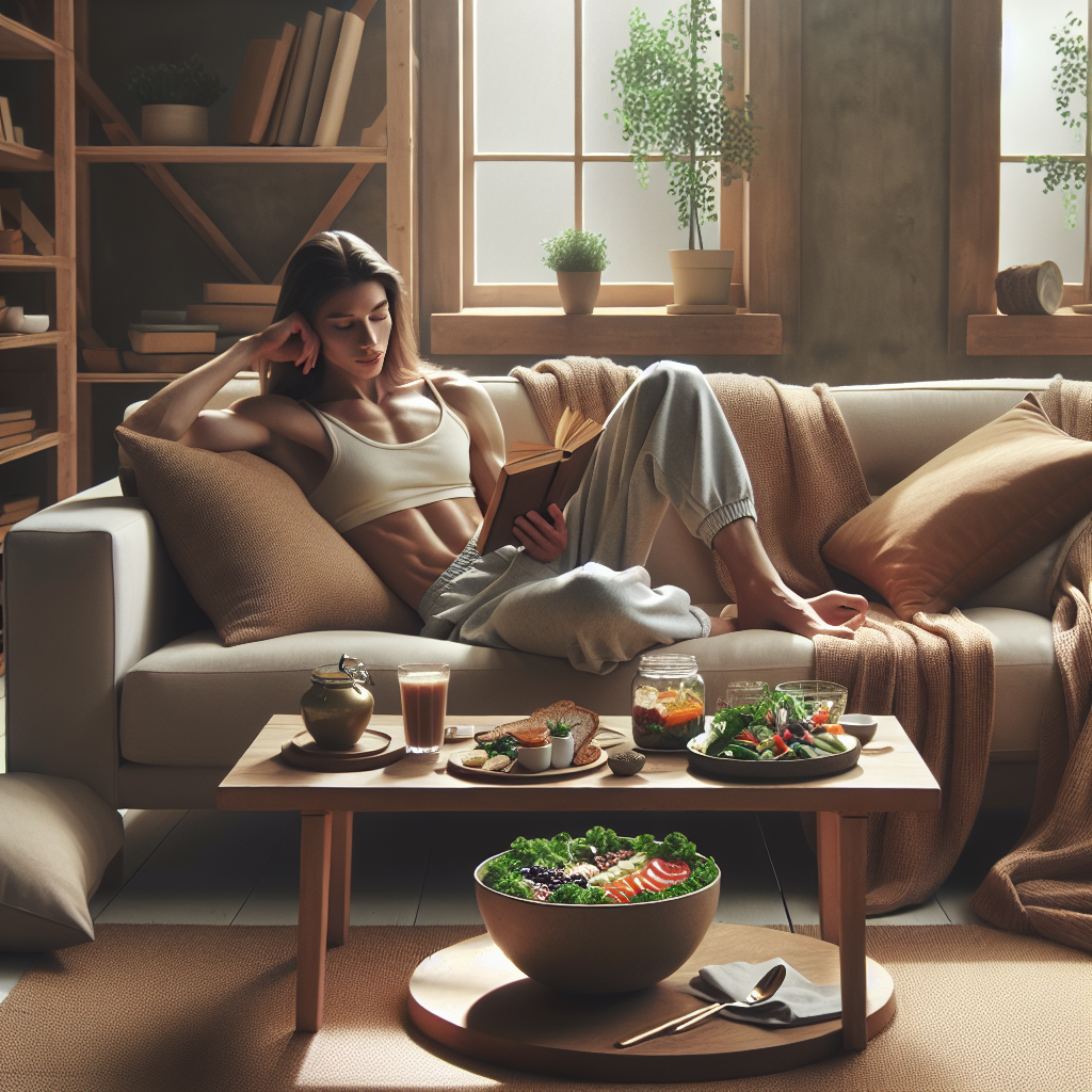 A serene and cozy indoor scene. A person (gender-neutral) is comfortably relaxing on a sofa, perhaps reading a book or enjoying a cup of tea. Beside them, on a small table, is a beautifully arranged plate of healthy, fresh food (e.g., a vibrant salad or a balanced meal portion). The person looks content and healthy, dressed in casual, comfortable attire, clearly not in sportswear or exercising. The overall atmosphere is calm, effortless wellness, emphasizing that healthy living and weight management can happen without strenuous activity. Soft, natural lighting.