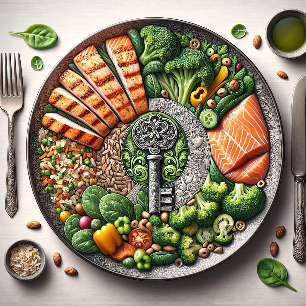 A close-up, top-down view (flat lay) of a gourmet-style, healthy meal presented on an elegant plate. The plate is the central focus, brimming with colorful, fresh ingredients: lean protein (like grilled salmon or chicken breast), a variety of vibrant vegetables (broccoli, bell peppers, spinach), and perhaps a small portion of whole grains. On the side, subtly integrated into the composition, is a small, ornate key or a symbolic lock and key motif, suggesting that this balanced nutrition is the 'key' to successful weight loss. The background is clean and minimalist, perhaps a light wooden table or a stylish tablecloth. The food looks appetizing, inviting, and satisfying.