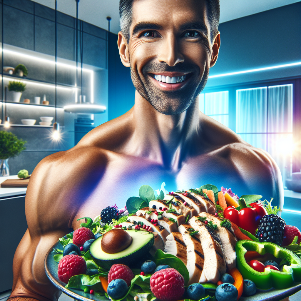 A vibrant, eye-level photo of a happy, fit person with a confident smile, holding a plate filled with colorful, delicious, and healthy non-bread food options: grilled chicken, fresh salad greens, bell peppers, berries, and avocado slices. The background is bright and clean, perhaps a modern kitchen. No bread is present in the image. Emphasize a feeling of lightness and energy. Realistic, high-quality photography.