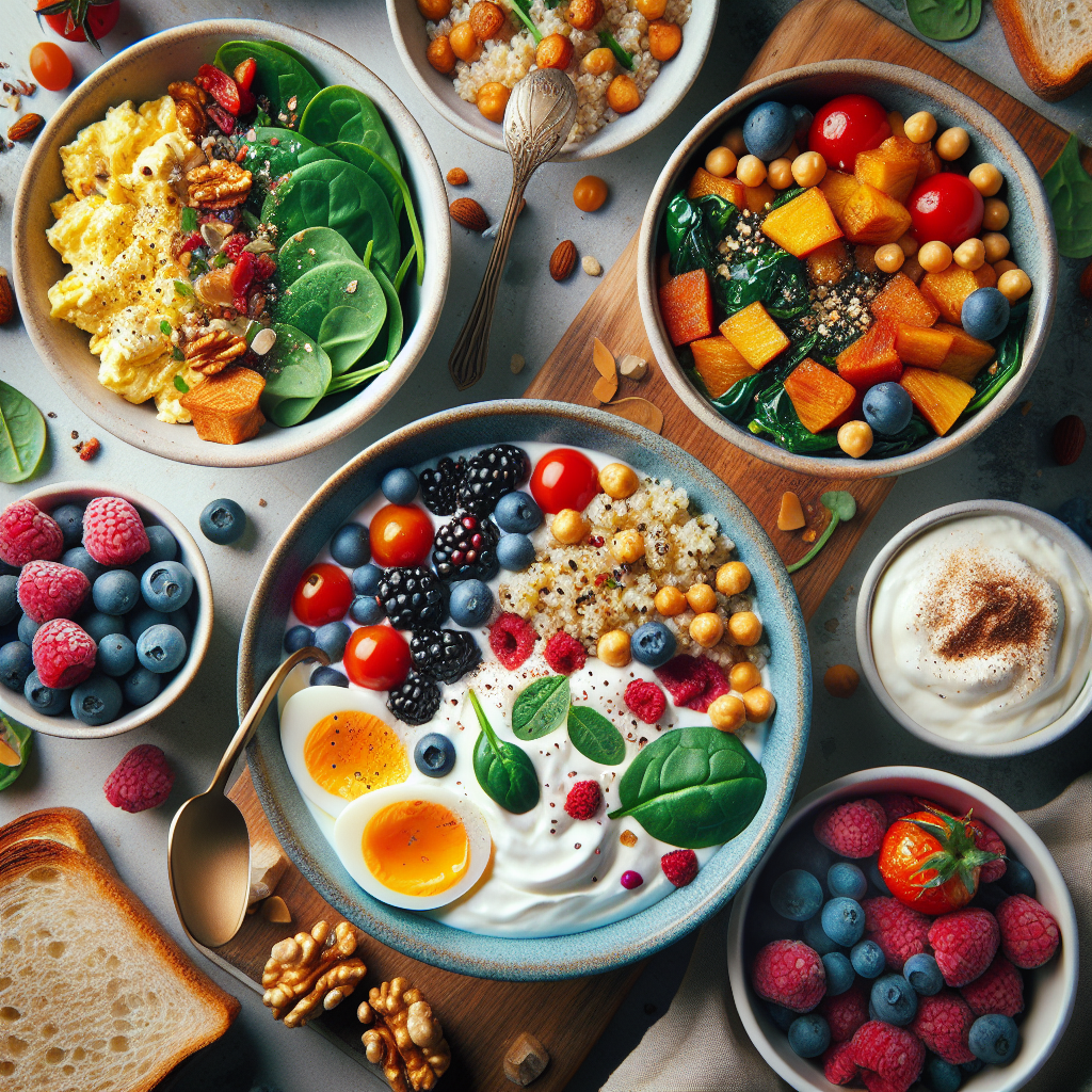 A close-up, top-down shot of an aesthetically arranged, wholesome, and satisfying brot-free breakfast or lunch. This could feature scrambled eggs with spinach and cherry tomatoes, alongside a bowl of Greek yogurt with berries and nuts, or a vibrant power bowl with quinoa, roasted vegetables, and chickpeas. The setting is a cozy, naturally lit table. No bread products are visible, highlighting the delicious alternatives. Food photography style, inviting and fresh.