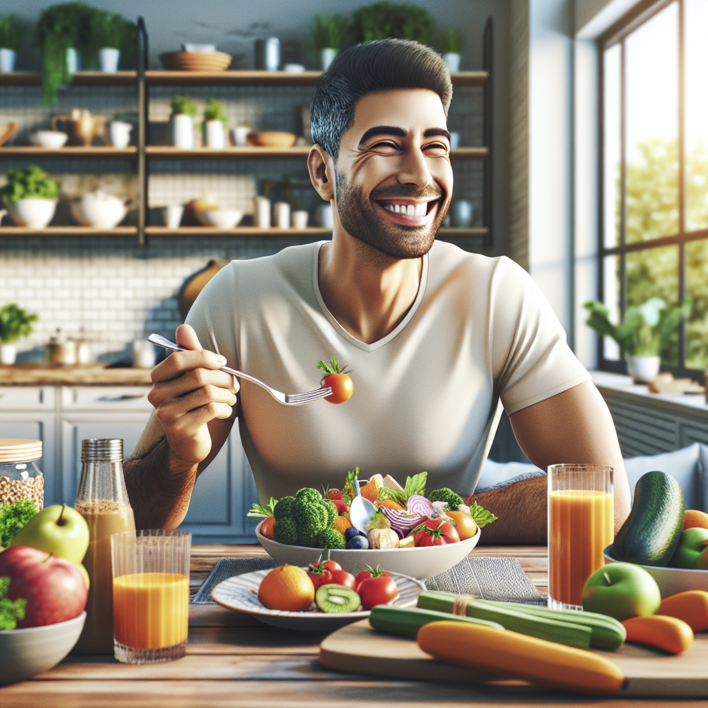 A happy and serene person, smiling gently, enjoying a vibrant, delicious, and healthy meal (e.g., a colorful bowl with fresh vegetables, fruit, and lean protein) in a relaxed, sunlit kitchen or patio. The image should convey pleasure, abundance, and a feeling of natural well-being, emphasizing a joyful and effortless approach to healthy eating without any signs of deprivation or strict dieting. Photorealistic style.