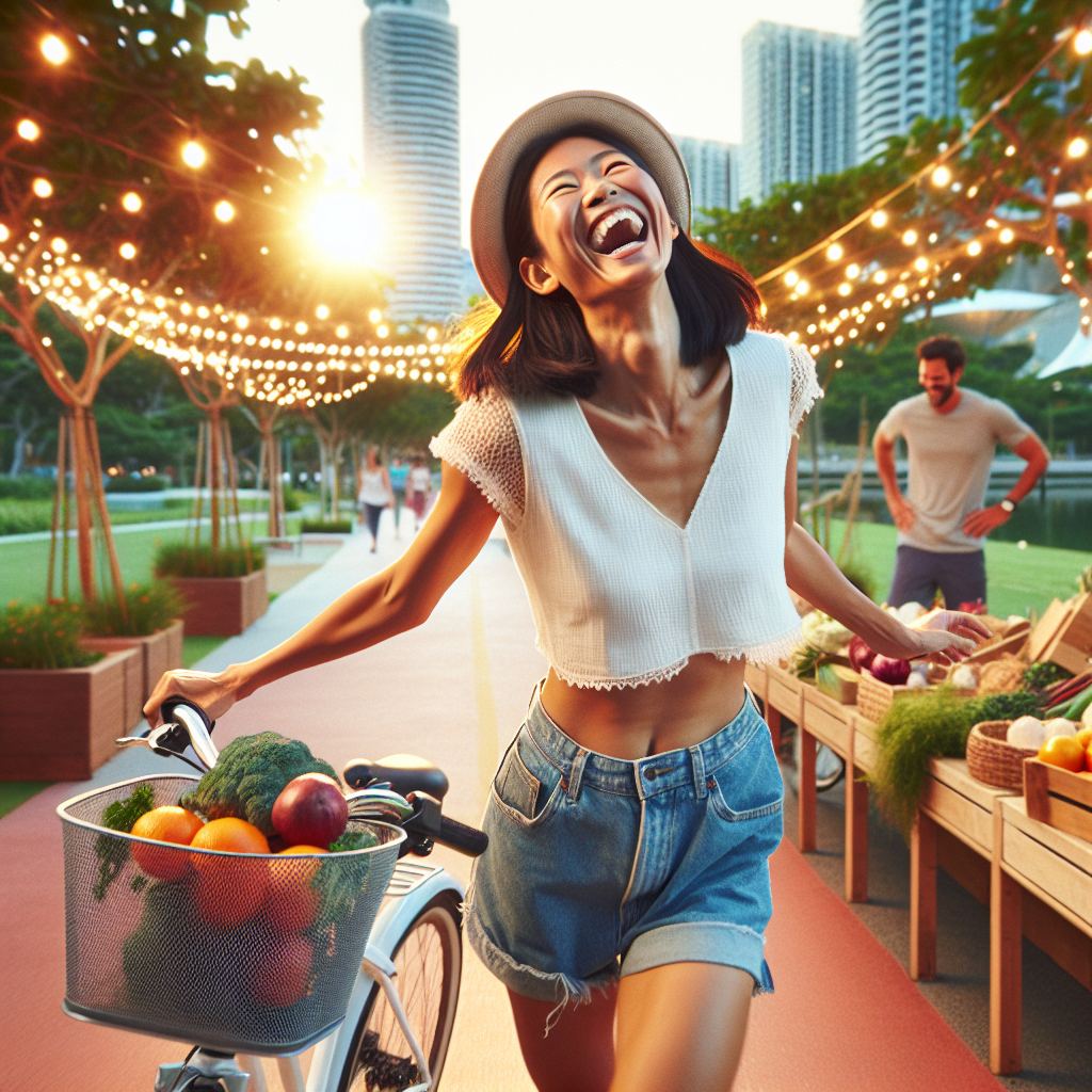 A dynamic and positive image showing a person (gender neutral) in their 30s enjoying an active but relaxed daily life. They could be walking leisurely in a beautiful park, cycling along a scenic path, or simply laughing while picking fresh produce at a market. The scene radiates vitality, freedom, and a sense of well-being, contrasting with the idea of strict dieting. No explicit exercise gear or calorie counting. The background is bright and inviting, suggesting a life full of enjoyment and movement. Vibrant colors, natural outdoor lighting, wide-angle shot.