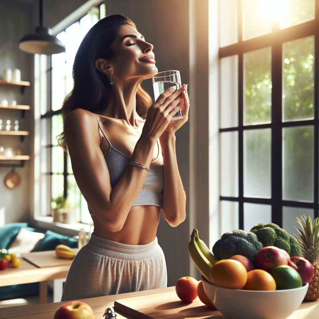 A cheerful, healthy-looking person (gender neutral, 30s-40s) in a bright, modern home setting, taking a mindful moment. They are holding a glass of water, perhaps near a window with natural light, or gently stretching. A bowl of colorful, fresh fruits or vegetables is subtly placed in the background on a kitchen counter or table. The overall mood is relaxed, calm, and empowering, emphasizing effortless well-being and simple, everyday healthy choices rather than strenuous effort or strict diets. Realistic, inviting, soft natural lighting.