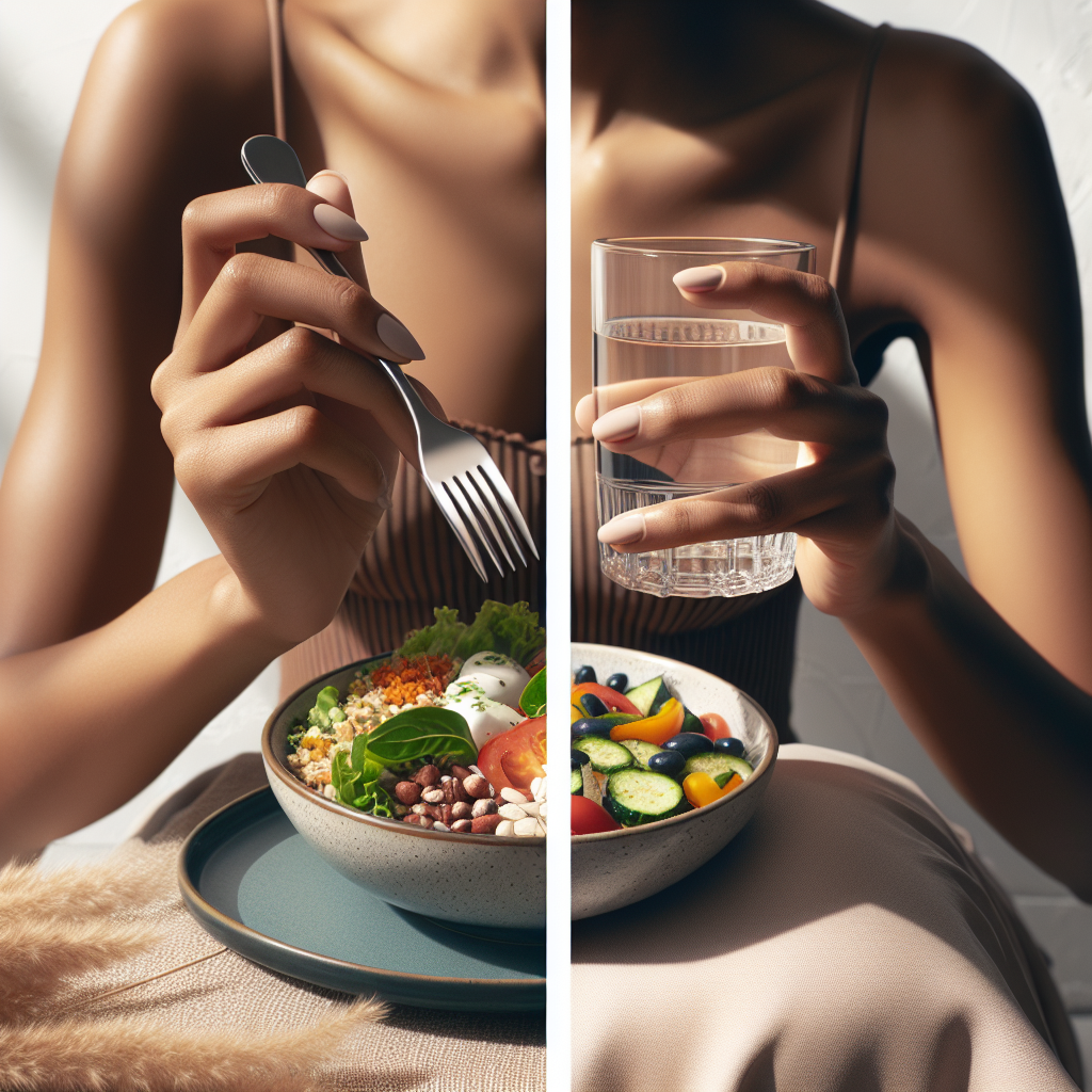 A split composition illustrating mindful eating and hydration. On one side, a close-up of hands gently holding a fork with a colorful, fiber-rich meal (e.g., a vibrant salad with whole grains and legumes, or a plate of roasted vegetables), conveying slow, deliberate eating. On the other side, a person (partially visible, focus on the action) is contentedly sipping water from an elegant glass. The background is clean and minimalist, with natural light, symbolizing easy and effective lifestyle changes for weight management without diet or intense sport. High-resolution, modern, clean aesthetic.