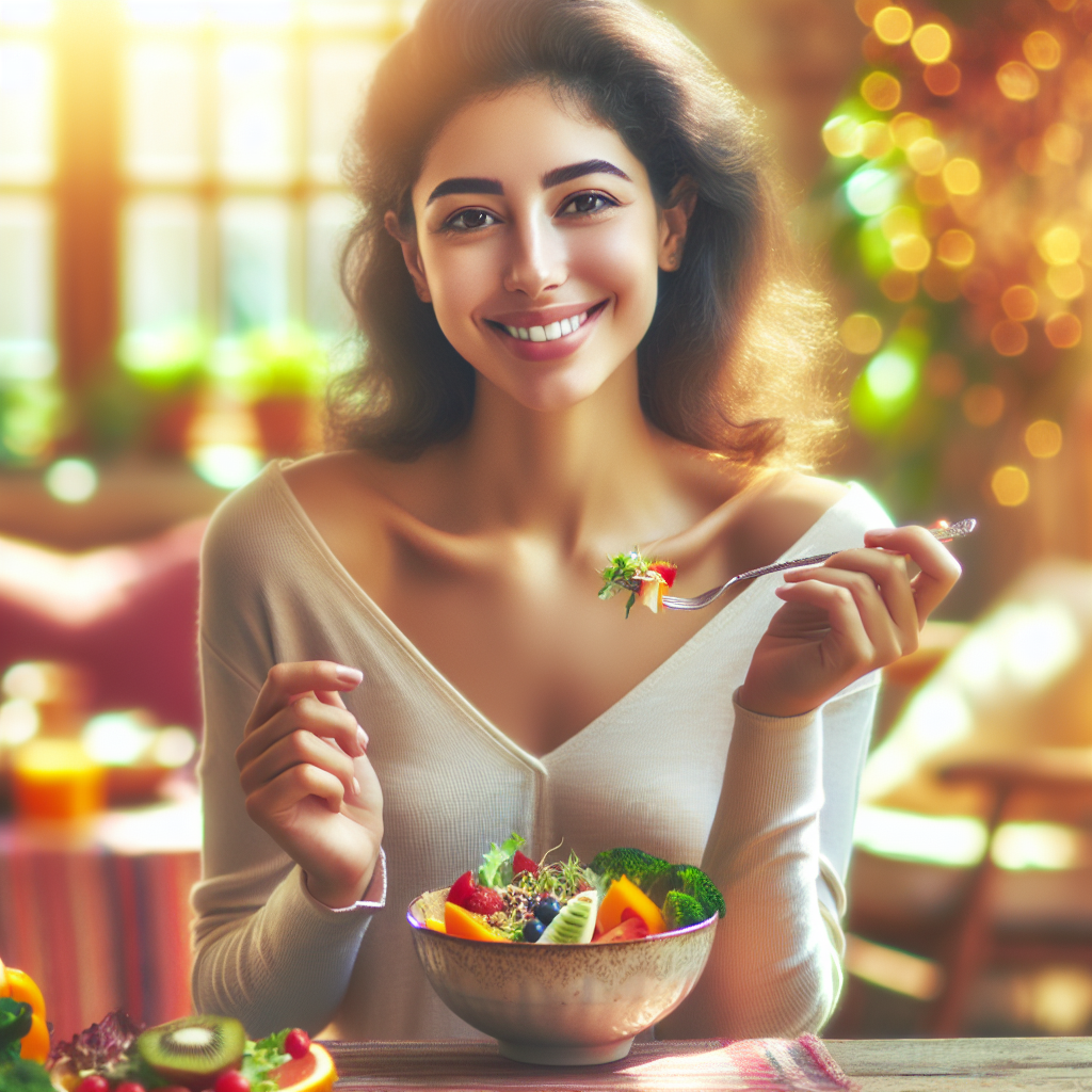 A cheerful and relaxed person of natural build, radiating inner peace and confidence, comfortably enjoying a healthy and delicious meal (like a colorful salad, a vibrant fruit bowl, or a balanced plate with vegetables and lean protein) at a beautifully set table in a bright, inviting home environment. The person is smiling gently, embodying a 'feel-good weight' without any signs of diet struggle or restriction, emphasizing genuine well-being and enjoyment. Natural light, soft focus.
