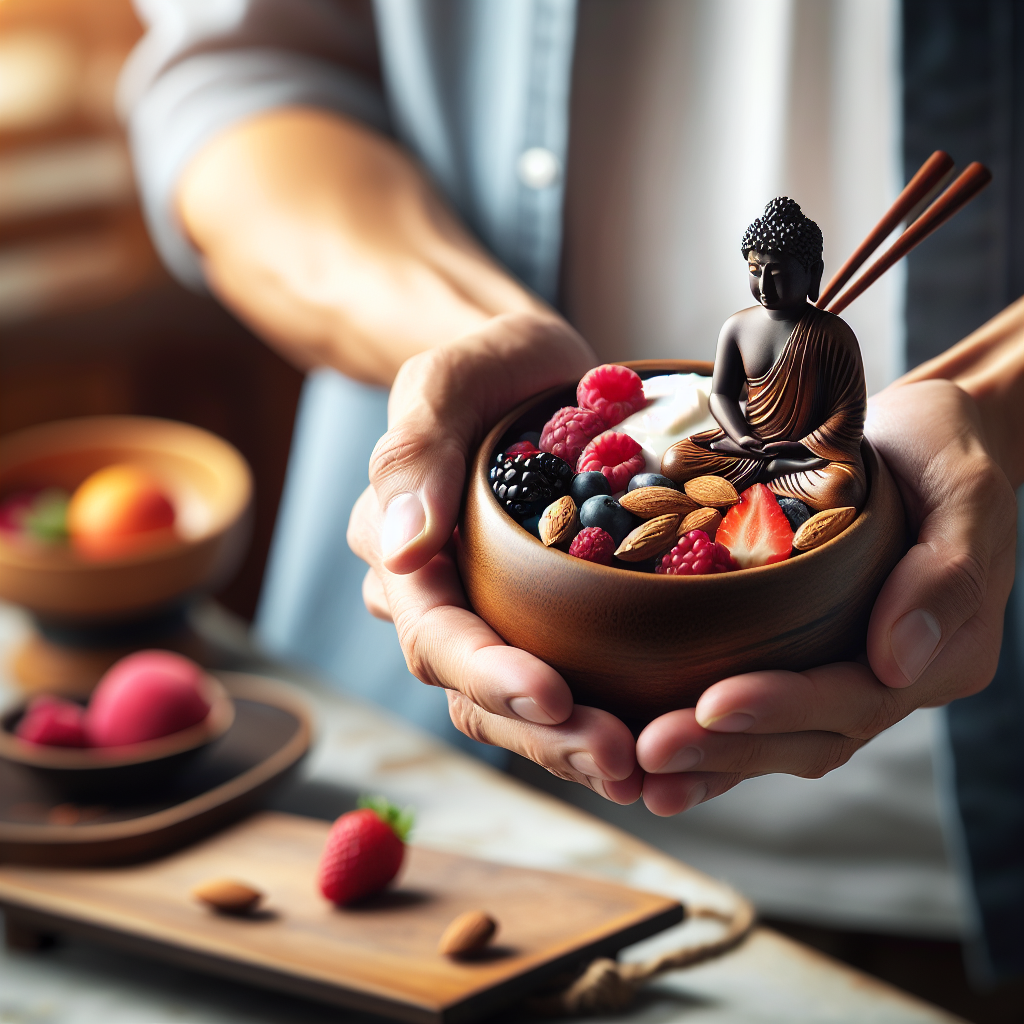 A close-up of a person's hands gently holding a small bowl of beautifully arranged, fresh, and colorful whole foods (e.g., berries, nuts, yogurt, or a mini Buddha bowl). The focus is on the tactile experience and the natural beauty of the food, emphasizing mindful eating and appreciation. The background is a softly blurred, cozy kitchen or living room setting, suggesting a calm and nourishing moment. No scales or strict measurements, just the pleasure of wholesome food.