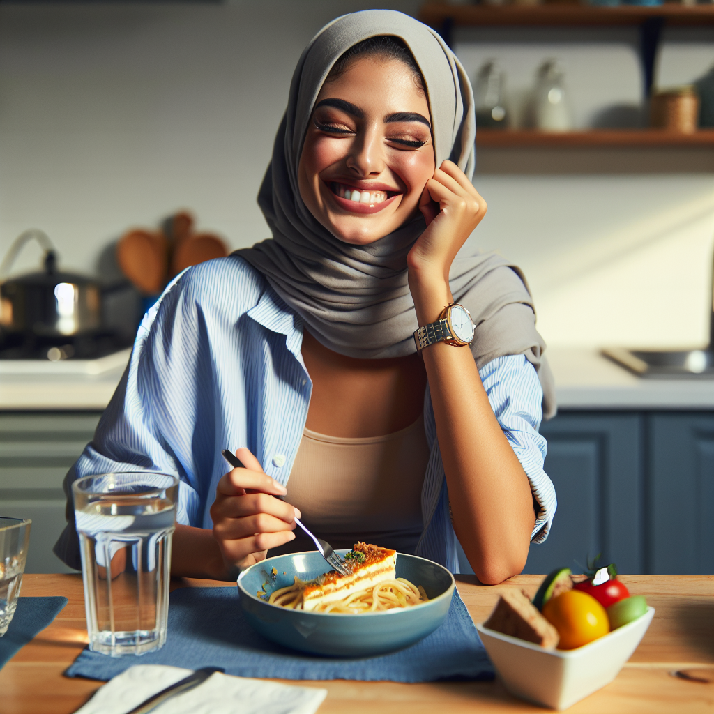 A person with a relaxed and happy expression, enjoying a slightly smaller but delicious portion of a meal they love, like pasta or a piece of cake, at a normal dining table. The scene emphasizes comfort, satisfaction, and the absence of deprivation. In the background, subtle elements like a half-empty glass of water or a fruit bowl hint at a healthy lifestyle, but the focus is on enjoyable, mindful eating without a strict diet. Soft, natural lighting.
