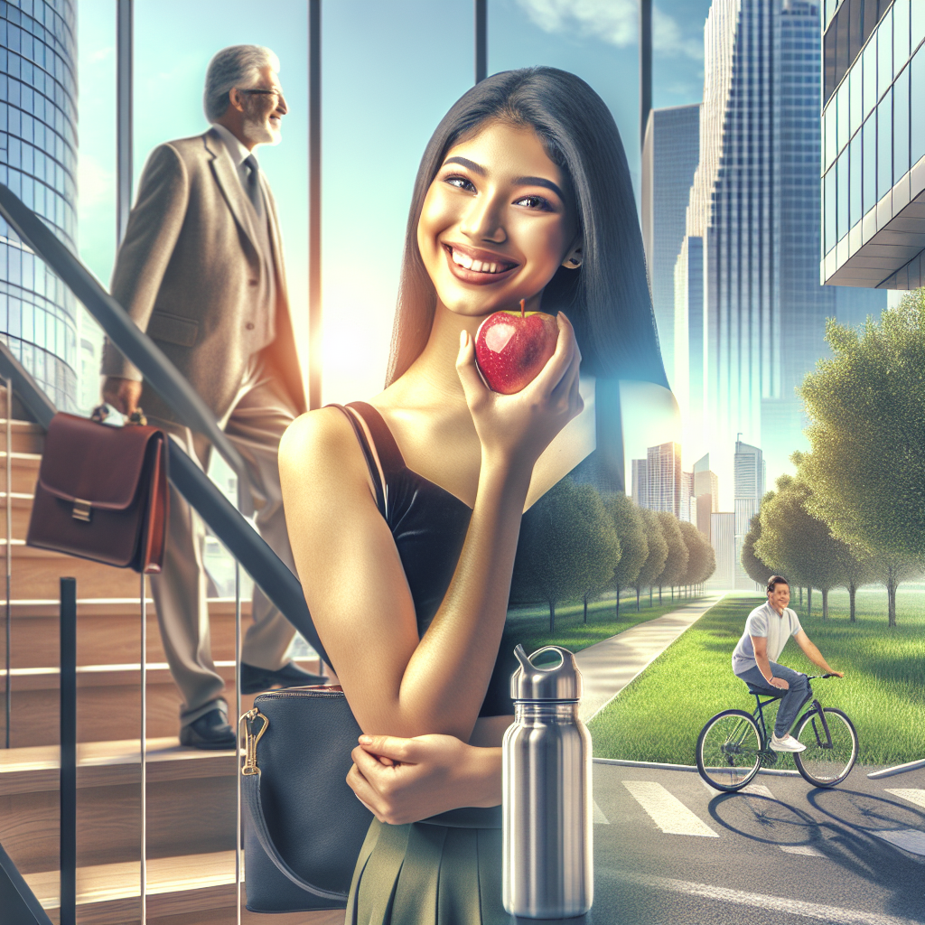 A person with an energetic and positive expression, incorporating movement into their daily routine without specific workout gear – for instance, happily taking the stairs instead of an elevator in an office building, or cycling casually through a city park. In the foreground, a simple, healthy element like a whole apple or a reusable water bottle is subtly visible. The overall scene should convey ease, everyday integration, and a healthy lifestyle achieved through small, consistent changes, not radical overhauls.