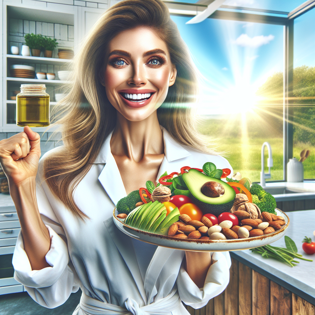 A cheerful, energetic person confidently holding a balanced plate brimming with colorful, healthy foods, prominently featuring nuts, avocado slices, and a drizzle of olive oil. They look vibrant and healthy, with a bright, positive expression. The background is a clean, modern kitchen or a sunny outdoor setting, emphasizing wellness and sustainable eating, in a bright, inviting photographic style.