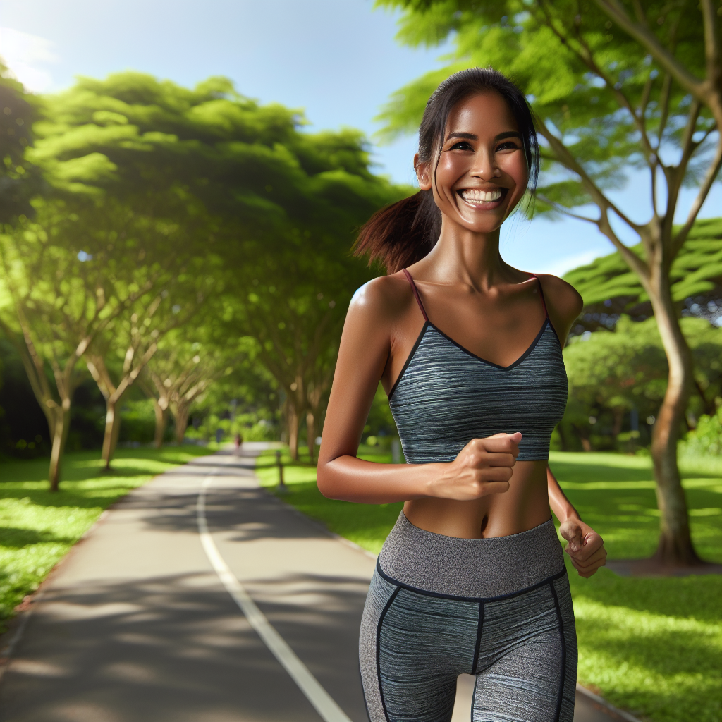 A cheerful and fit person, in their 30s-40s, with a genuine smile, jogging or briskly walking on a scenic path in a lush, sunny park. The path is surrounded by vibrant green trees and a clear blue sky. They are wearing comfortable athletic wear, not specific to a gym. The overall mood is active, healthy, and liberating, emphasizing an outdoor and natural approach to fitness and weight loss without needing a gym. Soft, natural lighting. Realistic photo style.