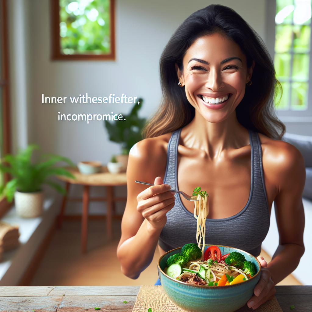 A smiling, healthy-looking person, appearing fit and energetic, enjoying a colorful and appetizing plant-based meal in a bright, modern kitchen or a sunlit dining area. The meal in front of them is clearly meat-free and visually appealing (e.g., a loaded salad, a vibrant curry, or a hearty bowl of pasta with vegetables). The scene should evoke feelings of well-being, satisfaction, and a delicious, healthy lifestyle without sacrifice.