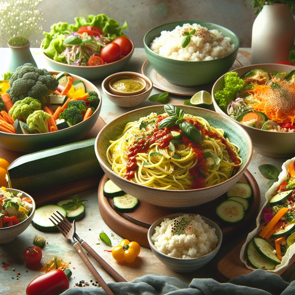 Vibrant, appetizing food photography of a table laden with delicious, healthy grain-free dishes. Include colorful zucchini spaghetti with fresh sauce, a bowl of fluffy cauliflower rice with herbs and vegetables, and a fresh salad wrap. The setting is bright and inviting, emphasizing abundance and enjoyment without deprivation. Focus on natural textures and appealing presentation. Soft, natural lighting.