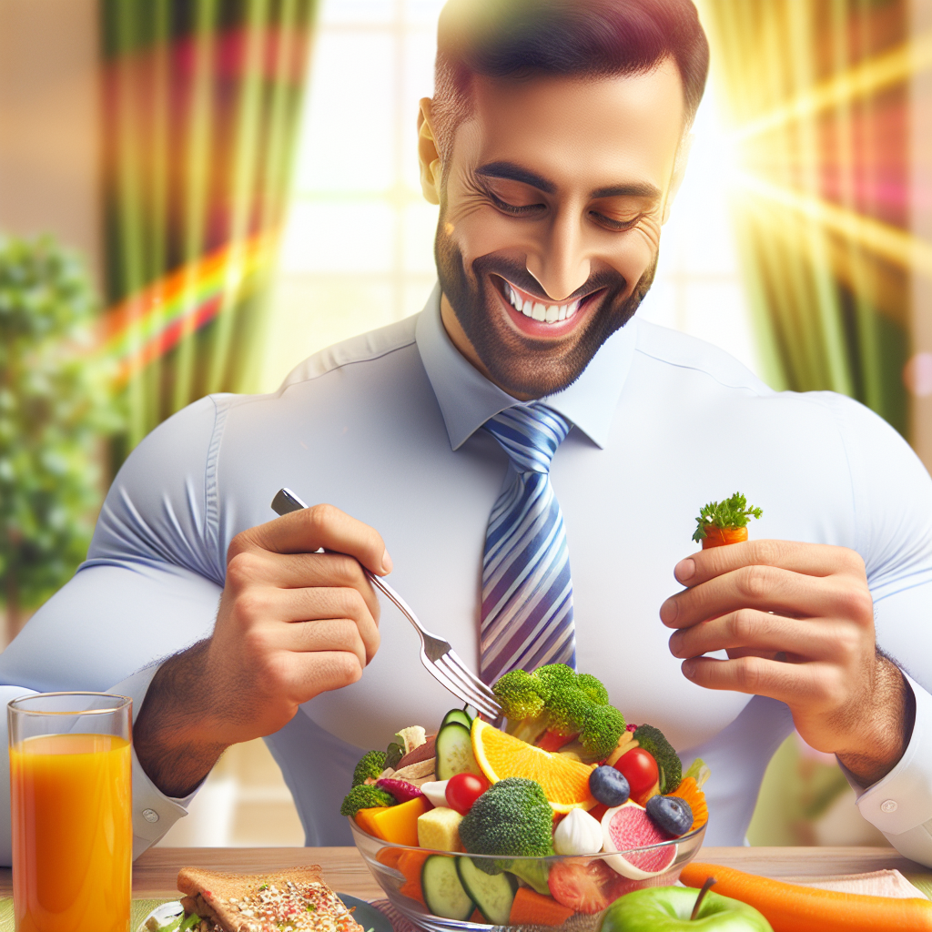 A person is genuinely smiling and looks completely satisfied while enjoying a generous, colorful plate of healthy food. The meal features a rich variety of fresh vegetables, lean protein, and whole grains, making it look abundant and appealing. The setting is bright and inviting, conveying a sense of well-being, satiety, and positive energy associated with eating without hunger for weight loss.