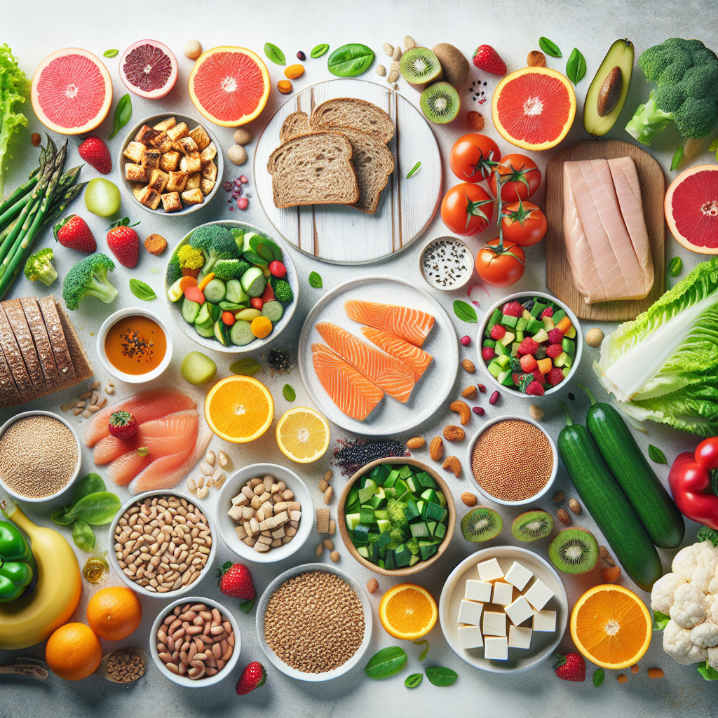 A beautifully composed flat lay image featuring a variety of colorful and satiating healthy foods, such as whole-grain bread, fresh vegetables, fruits, lean protein (e.g., grilled chicken, fish, or tofu), and legumes. The focus is on abundance, nourishment, and appetizing presentation, suggesting a diet without hunger or sacrifice. Clean, modern aesthetic, natural light.