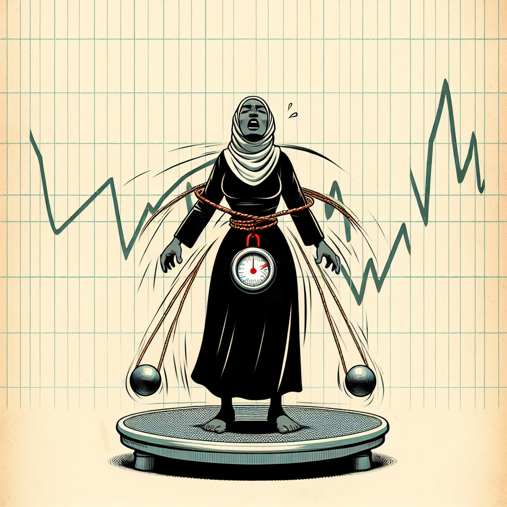 A metaphorical illustration depicting the 'yo-yo effect': A person's silhouette standing on a weight scale, with a large, literal yo-yo string attached to their waist, pulling them rapidly up and down. The background subtly shows a fluctuating line graph. The person's expression is one of frustration and exhaustion, conveying the endless cycle. Dynamic, illustrative style, clean lines, slightly desaturated colors.
