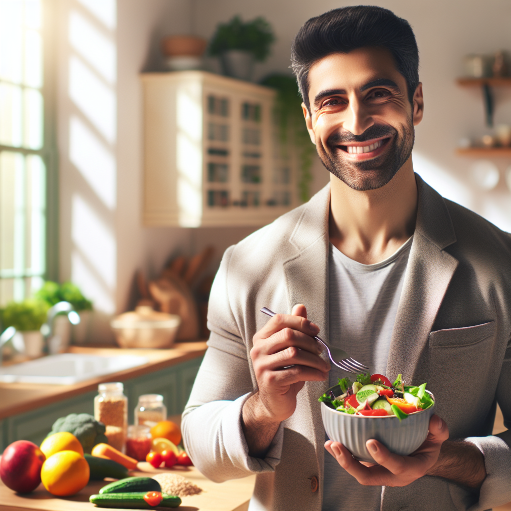 A serene and confident person smiling brightly while enjoying a balanced, colorful salad in a sunlit, modern kitchen. Fresh fruits, vegetables, and whole grains are subtly arranged in the background, hinting at a healthy pantry. The overall mood is one of lasting well-being, sustainable health, and quiet success, not extreme effort. Bright, natural lighting, clean aesthetic, focus on contentment and ease.
