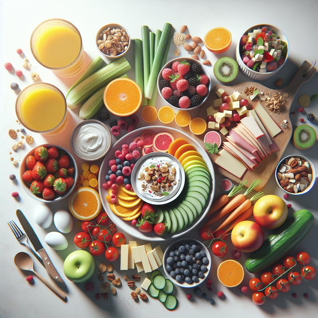 A vibrant, eye-level flat lay showcasing a diverse assortment of healthy, ready-to-eat, no-cook foods artfully arranged on a clean, minimalist surface. Include fresh, colorful fruits (berries, sliced oranges, apple), crisp vegetables (cherry tomatoes, cucumber sticks, bell pepper slices), a small bowl of creamy Greek yogurt topped with granola, a handful of mixed nuts, hard-boiled eggs, and lean turkey or cheese slices. Emphasize freshness, simplicity, and effortless healthy eating. No cooking utensils or kitchen clutter are visible. Bright, natural lighting.