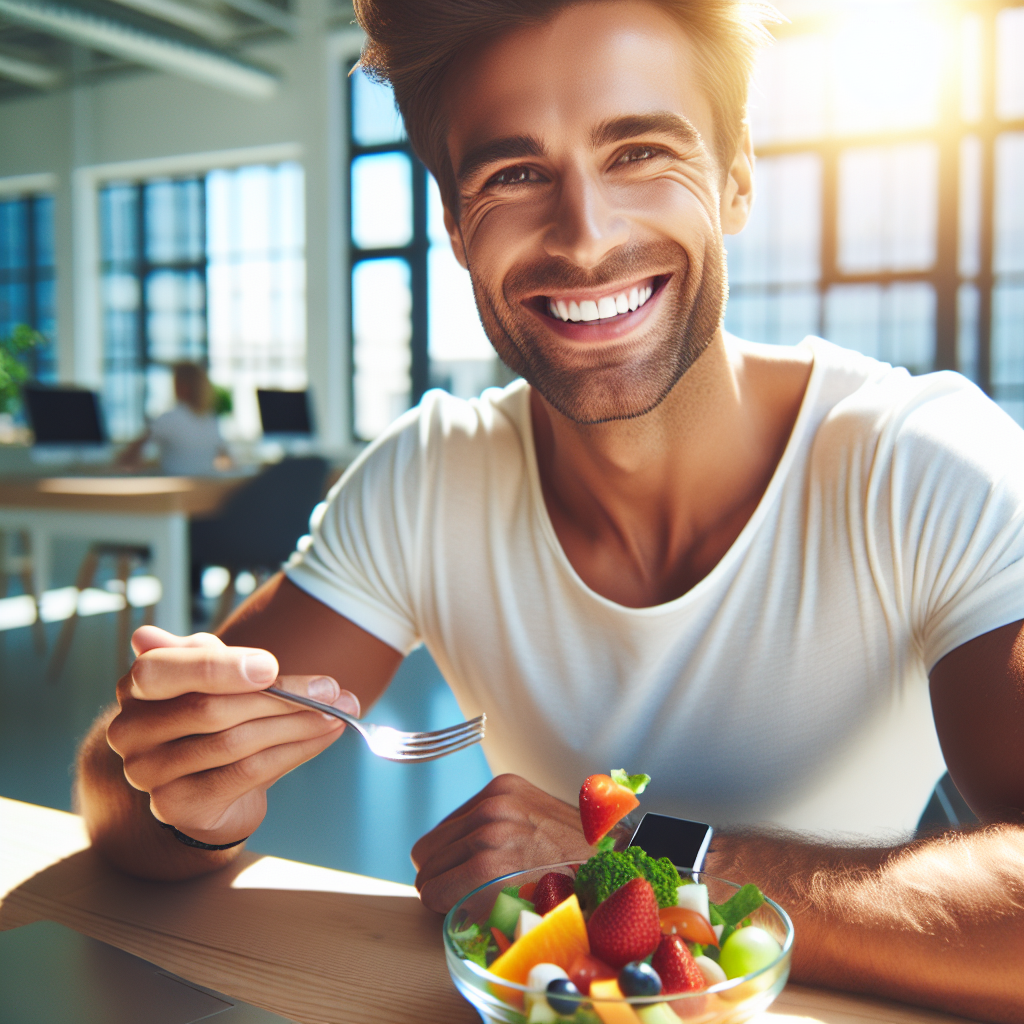 An energetic and happy person (gender-neutral) in a modern, light-filled setting, such as an office desk or a sunny urban park, enjoying a healthy, no-cook meal or snack. They are smiling confidently, embodying ease and wellness. The food in front of them is clearly visible and appealing, like a colorful salad, fruit, or a lean protein wrap. The background is slightly blurred, suggesting a busy but manageable lifestyle. The overall mood is positive, bright, and emphasizes convenience and success without the need for cooking.