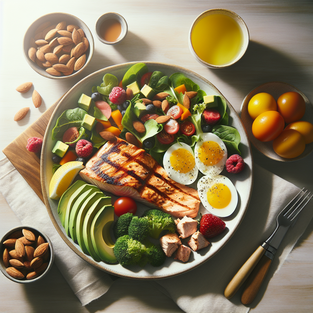 A vibrant and appealing flat lay of a healthy, low-carbohydrate meal on a light wooden table. The focus is on nutrient-rich foods like grilled salmon or chicken breast, a colorful mixed green salad with avocado and cherry tomatoes, scrambled eggs, a small handful of almonds, and some fresh berries. The lighting is natural and bright, emphasizing freshness and deliciousness. The overall aesthetic conveys health, energy, and the idea of successful weight management without deprivation. High resolution, food photography style.