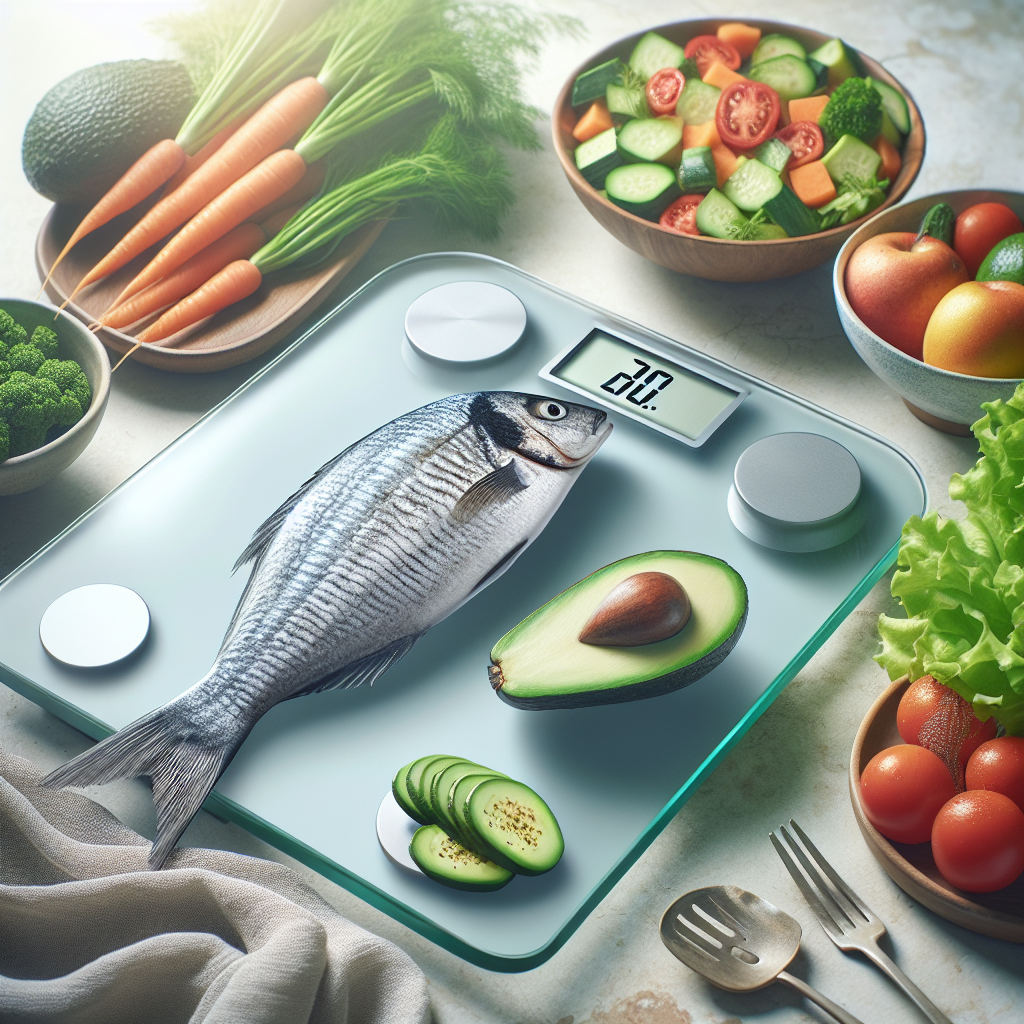 A bright, clean image of a digital weighing scale showing a noticeably lower number, with healthy, vibrant low-carb food (e.g., grilled fish, fresh green salad, avocado) subtly arranged next to it. The background is soft and out of focus, suggesting a home kitchen. Emphasize a feeling of quick, positive progress and healthy eating.