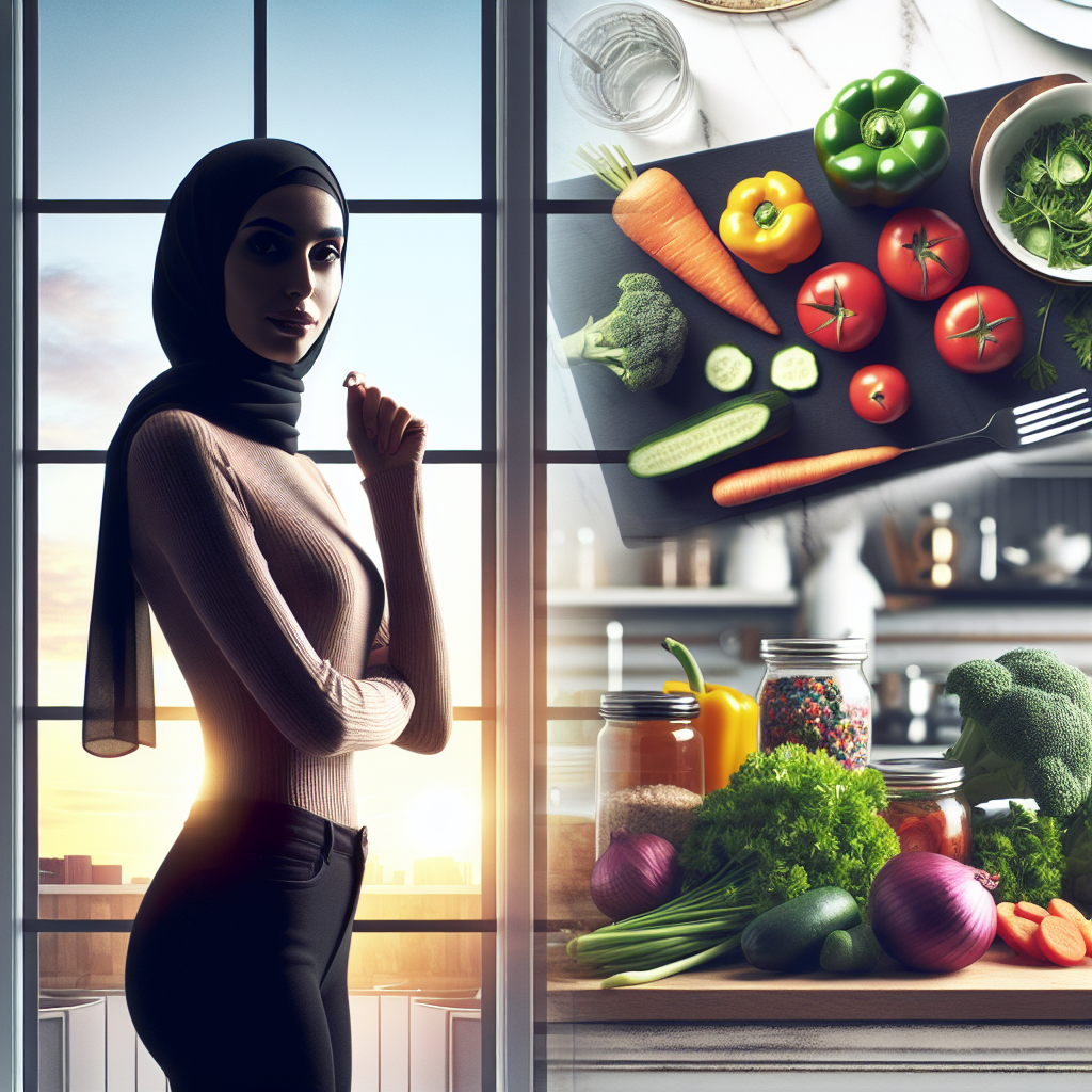A person's silhouette against a bright window, standing confidently and looking noticeably slimmer, with a thoughtful expression of accomplishment. In the foreground, a modern kitchen counter displays a variety of fresh, colorful low-carb vegetables and lean protein, hinting at the dietary changes. The scene conveys transformation and sustainable healthy habits.