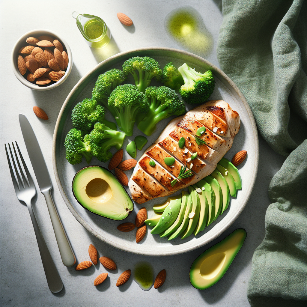 A vibrant, beautifully styled top-down shot of a healthy ketogenic meal. The plate features a juicy grilled chicken breast, a generous portion of fresh green avocado slices, steamed broccoli florets, and a scattering of almonds. The background is a clean, minimalist kitchen counter with soft, natural light, emphasizing freshness and a balanced diet. High-quality food photography.