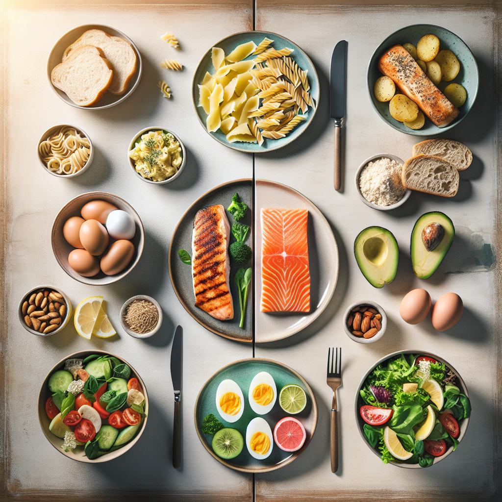 A flat lay image of a divided kitchen table. On one half, plates with traditional carb-heavy foods like pasta, sliced bread, and potatoes appear, slightly muted. On the other half, vibrant and fresh low-carb alternatives are beautifully arranged: grilled salmon fillet, sliced avocado, a bowl of leafy green salad, eggs, and a small dish of nuts, emphasizing healthy fats and proteins. Bright, natural lighting, modern food photography style.