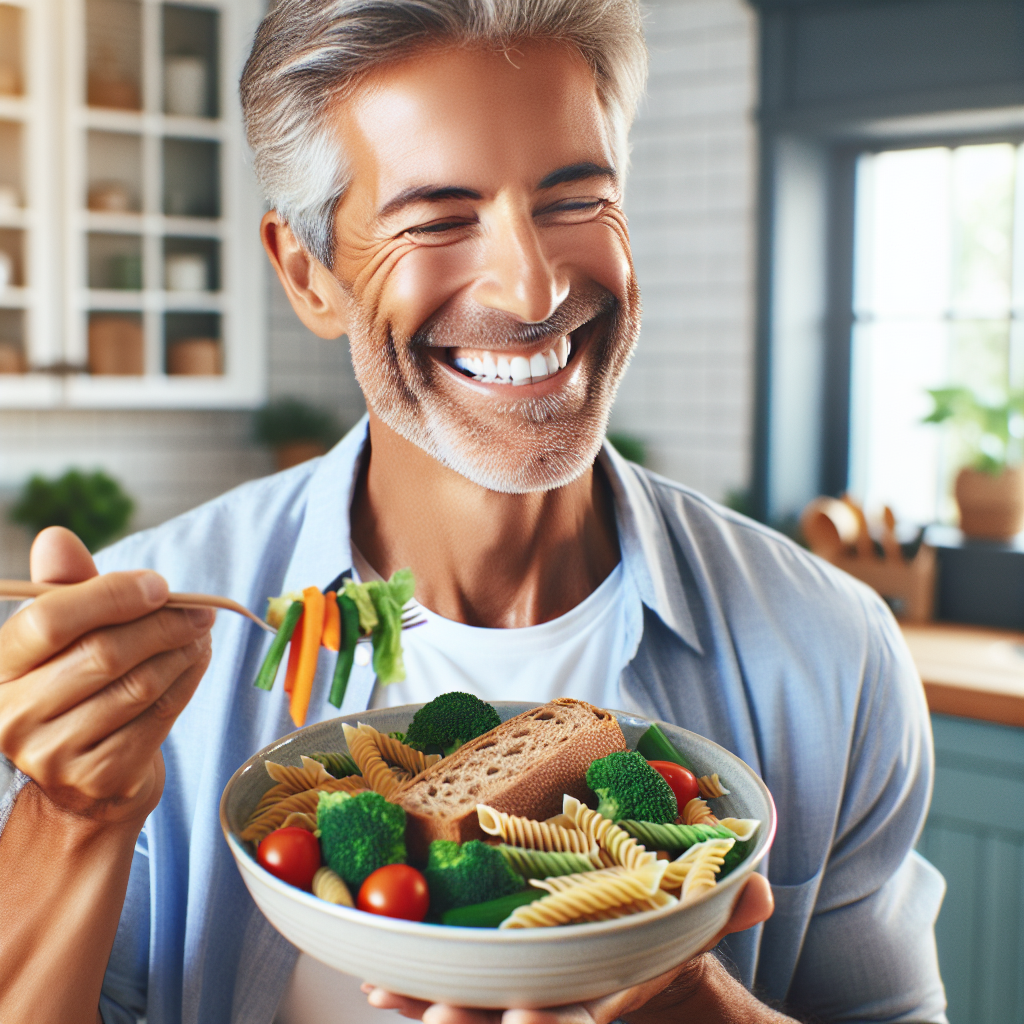 Eine glückliche, lächelnde Person mittleren Alters genießt eine köstliche, bunte Mahlzeit, die deutlich Vollkornnudeln oder frisches Vollkornbrot mit Gemüse und magerem Protein enthält. Die Person strahlt Zufriedenheit und gesunden Genuss aus, in einer hellen und modernen Küche. Realistischer Stil, hohe Auflösung.
