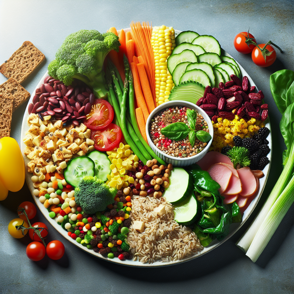 Ein ausgewogener Teller voller lebendiger, gesunder Lebensmittel, der komplexe Kohlenhydrate wie Vollkornprodukte (z.B. Reis, Pasta), Hülsenfrüchte und buntes Gemüse prominent hervorhebt, kombiniert mit magerem Protein. Die Komposition vermittelt ein Gefühl von Energie, Fülle und Genuss, ohne Verzicht. Helle, natürliche Beleuchtung, im Stil hochwertiger Food-Fotografie.