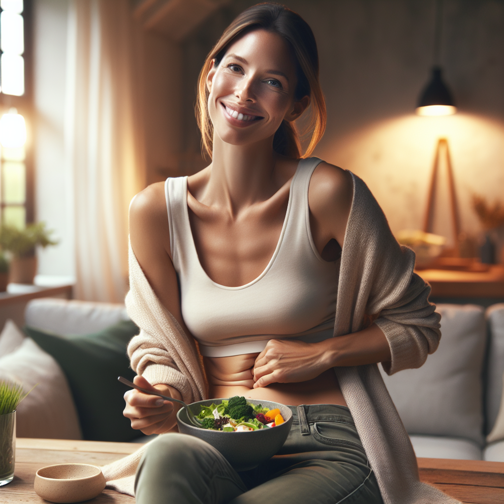 A smiling woman in her 30s, casually dressed in a comfortable home environment, peacefully enjoying a healthy and colorful meal, such as a large salad or a fruit bowl. Her posture suggests relaxation and well-being, and she radiates a subtle confidence about her body, implying a flatter stomach. There are absolutely no sports equipment or workout clothes visible. The scene has soft, natural lighting, conveying a sense of ease and a healthy lifestyle without strenuous effort. Realistic, photographic style.