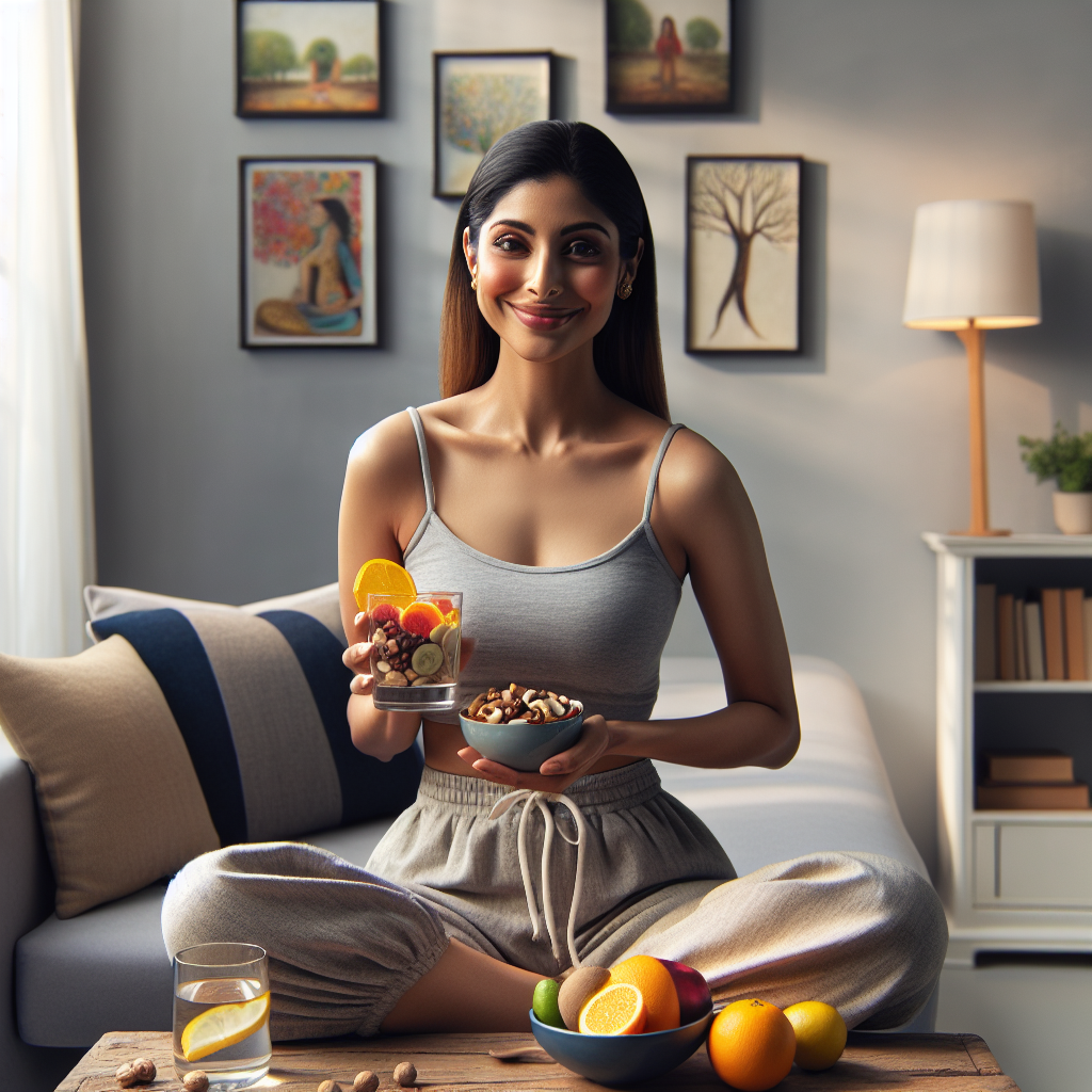 A realistic and serene image of a person relaxing comfortably at home, perhaps holding a healthy, balanced snack or a glass of water infused with fruit. The person looks content, healthy, and radiates a sense of well-being, subtly suggesting a successful, non-strenuous approach to weight management. The background features elements of a calm, organized living space, with no gym equipment or activewear present, emphasizing a lifestyle focus on nutrition and daily ease rather than intense exercise. Soft, natural lighting.