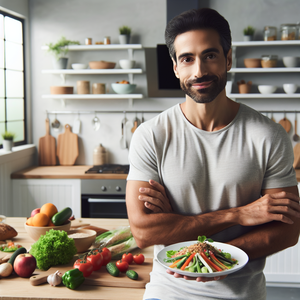 A serene and healthy person, looking content and relaxed, in a bright, inviting home kitchen. They are casually holding a plate with a simple, wholesome meal (like a colorful salad or lean protein with vegetables), surrounded by fresh, unprocessed ingredients like fruits, vegetables, and whole grains. There are no sports equipment or intense workout scenes. The atmosphere is calm, effortless, and emphasizes wellness through healthy eating and everyday lifestyle, not strenuous physical activity. Soft, natural lighting. Realistic, appealing style.