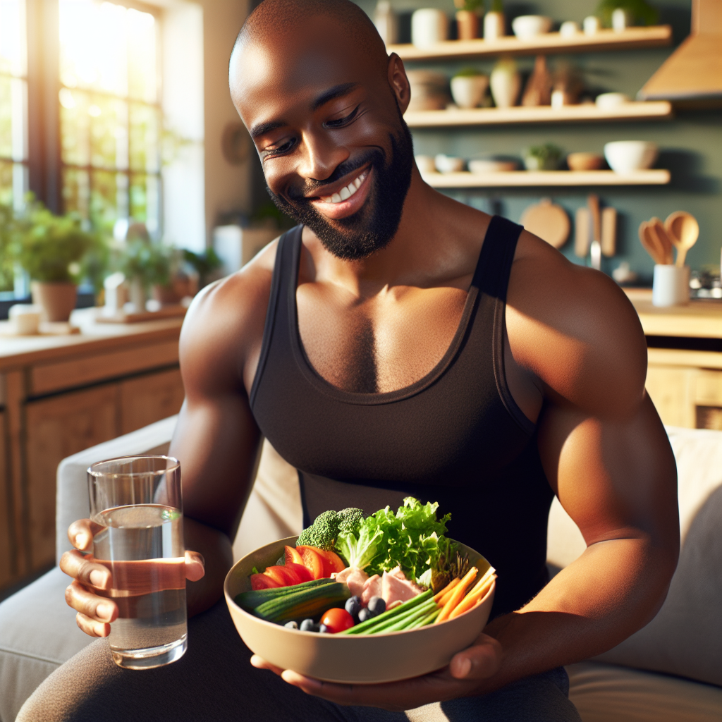 A happy and relaxed person, looking fit and healthy, smiling gently in a comfortable, bright home kitchen or living room setting. They are casually holding a plate with a colorful, wholesome meal (e.g., salad, vegetables, lean protein) or a glass of water. There is absolutely no sports equipment, gym attire, or exercise visible. The overall mood is peaceful and effortless, emphasizing successful weight loss through lifestyle and nutrition rather than strenuous activity. Soft, natural lighting, realistic style.