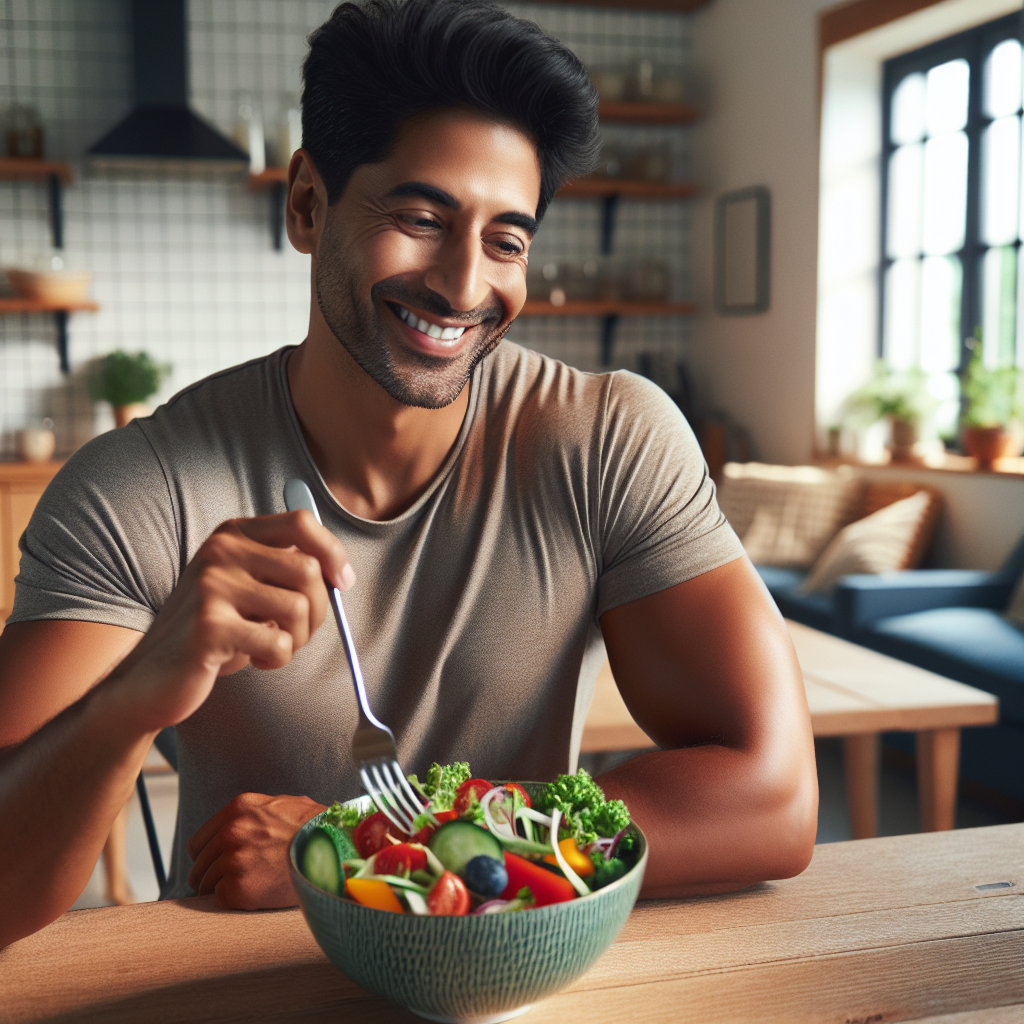 A contented person, appearing healthy and vibrant, is comfortably seated at a kitchen table, smiling gently while enjoying a beautifully presented, colorful, and healthy meal (e.g., a vibrant salad bowl or a plate of lean protein and fresh vegetables). The setting is a cozy, modern home kitchen, bathed in warm, natural light, emphasizing a relaxed and easy approach to healthy living, completely free of any gym equipment or workout gear. Realistic photo style.