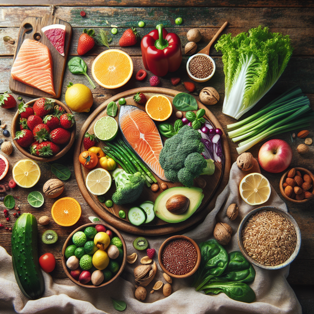 A vibrant, artfully arranged flat lay image on a rustic wooden table, showcasing a diverse array of fresh, healthy ingredients: colorful fruits, crisp green vegetables, lean protein (like a piece of baked fish or chicken breast), and whole grains. No processed foods or sugary drinks are present. The composition symbolizes easy and effective healthy eating for weight loss, with a cozy, domestic background softly blurred. High-quality food photography style.