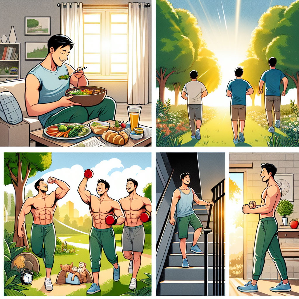 An illustrative image depicting a person, looking fit and healthy, engaged in calm, everyday activities that promote well-being, such as enjoying a balanced meal at home, walking short distances in a park, or using stairs instead of an elevator. The scene should exude a sense of ease and a successful, non-strenuous approach to weight management, with no gym equipment or intense exercise visible. Soft, encouraging lighting.