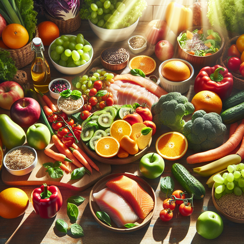 A vibrant, appealing flat lay or still life image showcasing a diverse and colorful array of fresh, healthy, nutrient-dense foods (e.g., bright fruits, crisp vegetables, lean protein, whole grains) arranged beautifully on a kitchen table. The composition should visually convey abundance, balance, and the joy of healthy eating as the primary path to weight loss, with no fitness equipment in sight. Emphasize freshness and natural light.