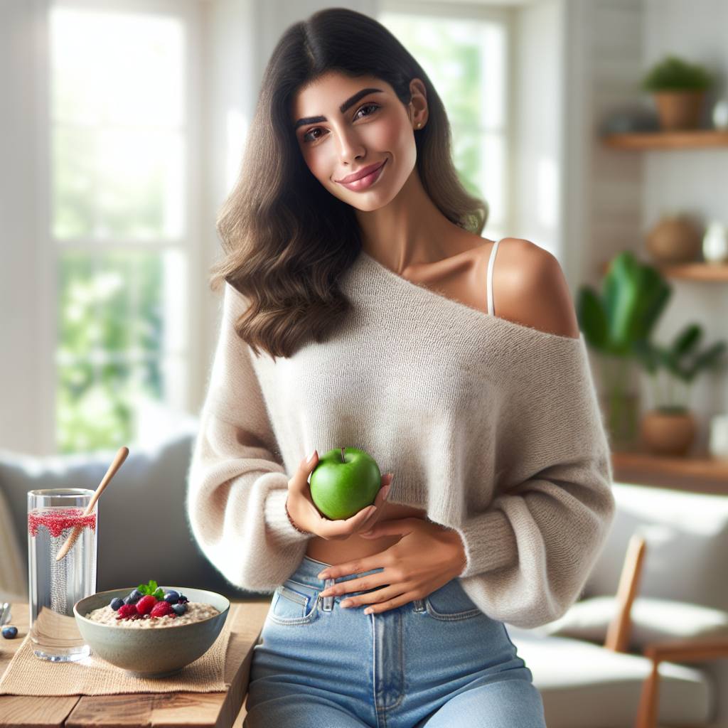 A serene and confident person, looking happy and healthy, gently touching their waistline with a subtle smile, while holding a fresh green apple. The setting is a brightly lit, comfortable home kitchen or living room, filled with soft natural light. On a table nearby, there's a balanced, healthy breakfast (e.g., oatmeal with berries, a glass of water). The overall atmosphere conveys well-being, a sense of achievement through lifestyle changes, and calm. There is no visible exercise equipment or gym attire; the person is dressed in casual, comfortable clothes.