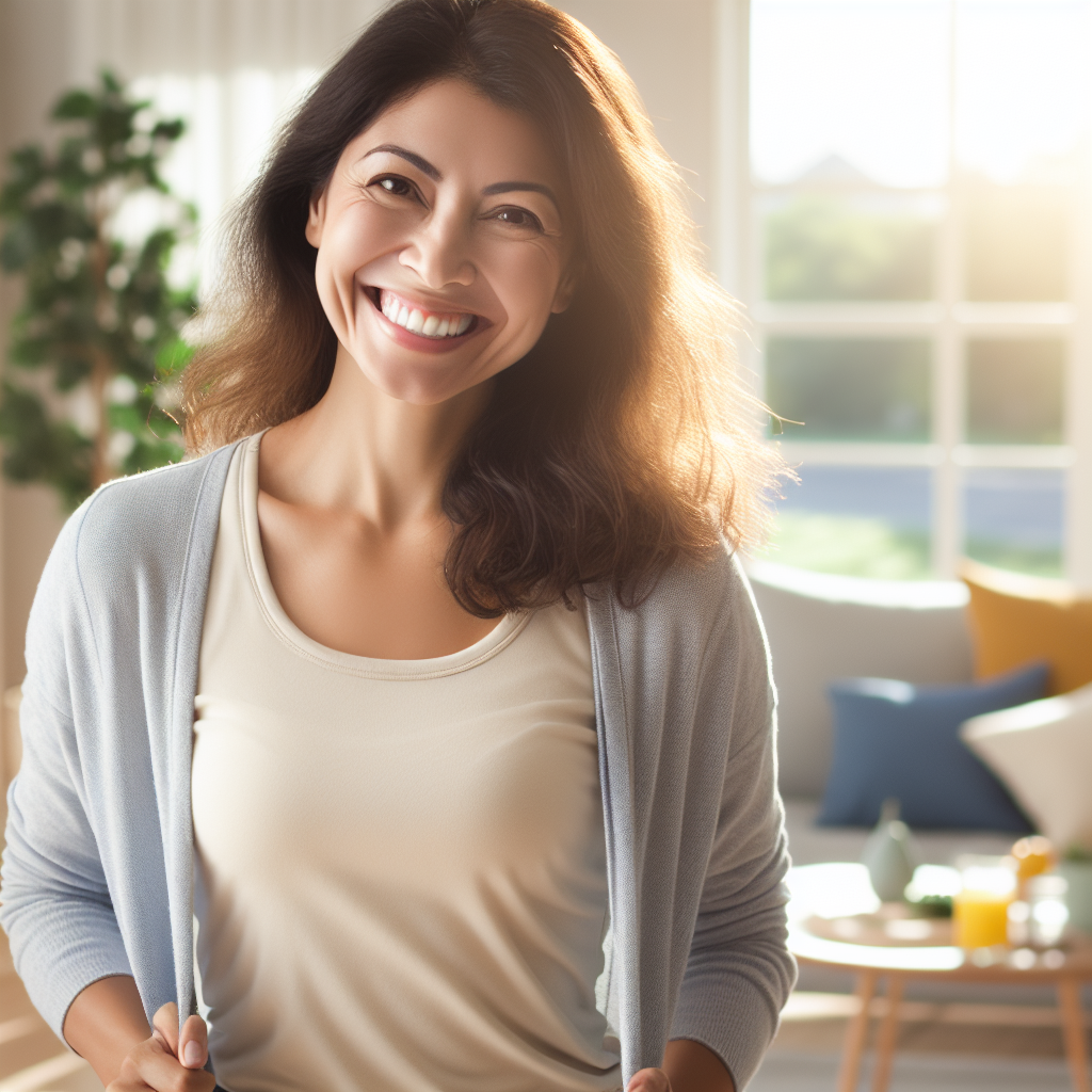 Ein fröhlicher und entspannter Mensch, der sich leicht und energiegeladen fühlt, lächelnd und selbstbewusst, in einer angenehmen Alltagsumgebung (z.B. ein sonniger Park oder ein gemütliches Zuhause). Keine Fitnessgeräte oder strenge Diät-Lebensmittel sind sichtbar. Die Atmosphäre strahlt Leichtigkeit und mühelosen Erfolg beim Abnehmen aus, ohne den Fokus auf Sport oder Diät zu legen.