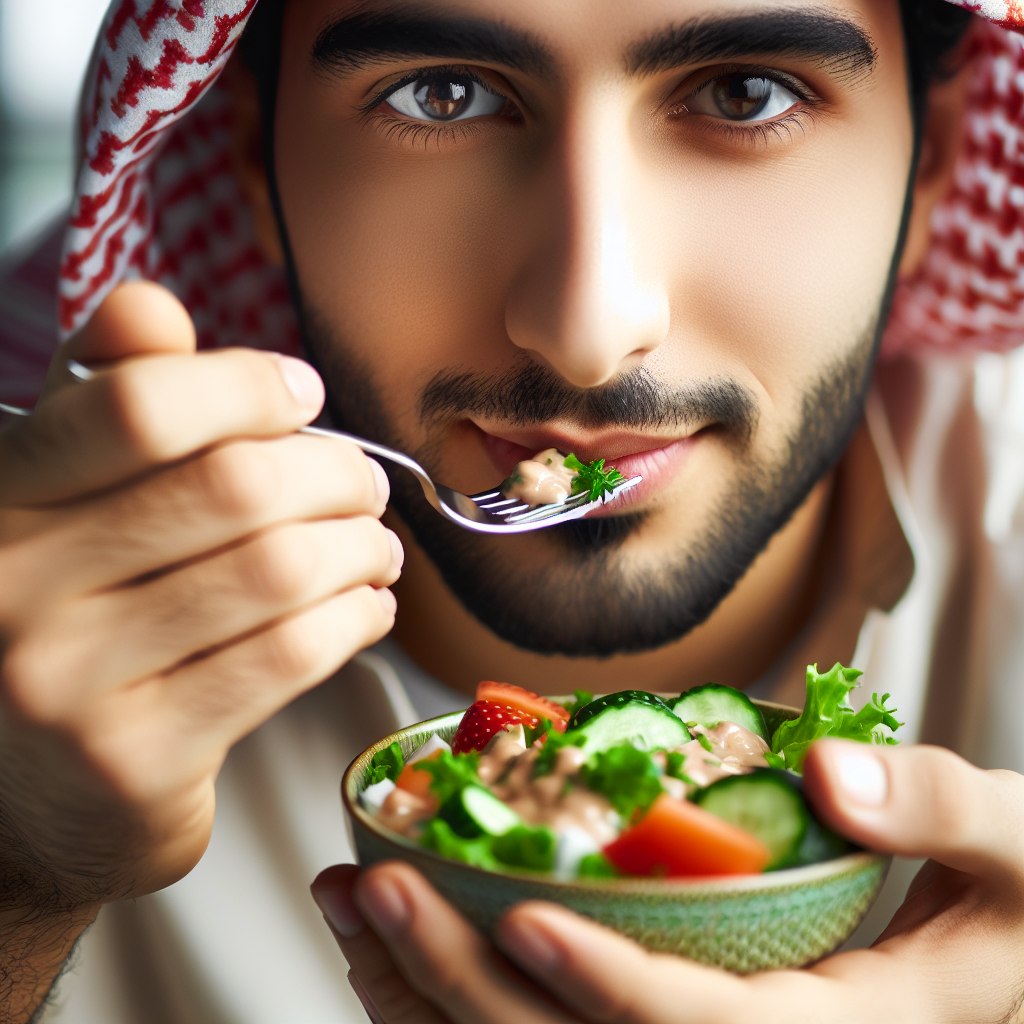 Nahaufnahme einer Person, die langsam und genussvoll eine gesunde, appetitliche Mahlzeit (z.B. einen farbenfrohen Salat oder eine liebevoll angerichtete Schale) isst. Der Ausdruck ist ruhig und zufrieden, die Augen strahlen Achtsamkeit aus. Fokus auf die Hände und den Mund, der jeden Bissen schmeckt. Die Szene vermittelt ein Gefühl von bewusstem Essen und Wohlbefinden in einem ruhigen Umfeld.