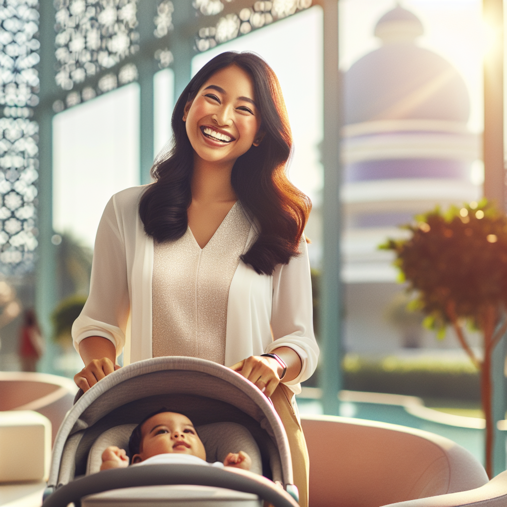 A happy and refreshed young mother, ethnically diverse, in her late 20s to early 30s, performing gentle post-pregnancy exercises (like light stretching or walking with a stroller) in a bright, modern living room or a sunny park. Her baby is nearby, awake and content in a bassinet or stroller, clearly not being breastfed. The scene emphasizes healthy, gentle movement and well-being after childbirth, with a soft, inviting color palette and natural light. Focus on a positive and empowering atmosphere.