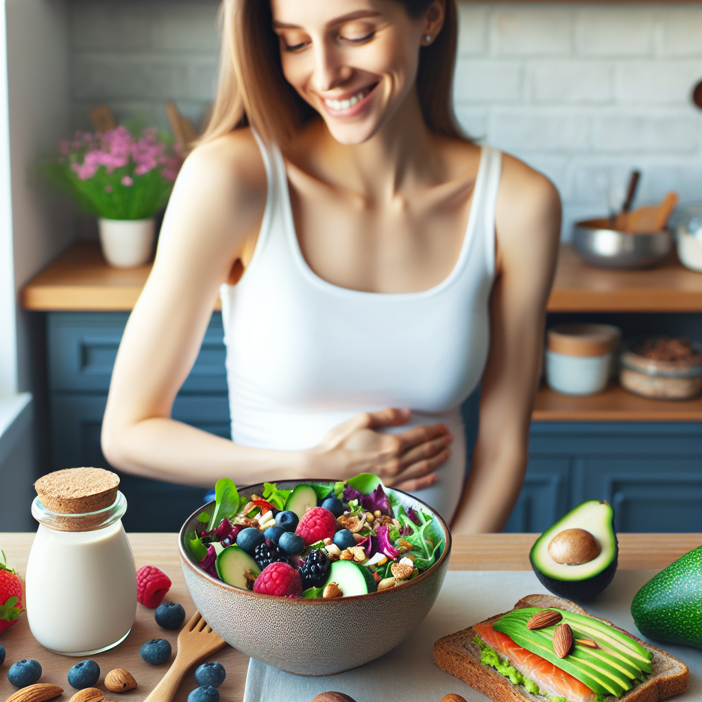 A vibrant flat lay of a delicious, healthy meal spread for a post-pregnancy woman: a colorful salad with mixed greens, berries, nuts, and a light dressing; a slice of whole-grain toast with avocado; and a small portion of lean protein like grilled chicken or salmon. In the background, slightly out of focus, a smiling and serene young mother, ethnically diverse, is about to enjoy her meal in a clean, modern kitchen setting. The image should convey nutritious, satisfying eating without deprivation, using bright, natural lighting.