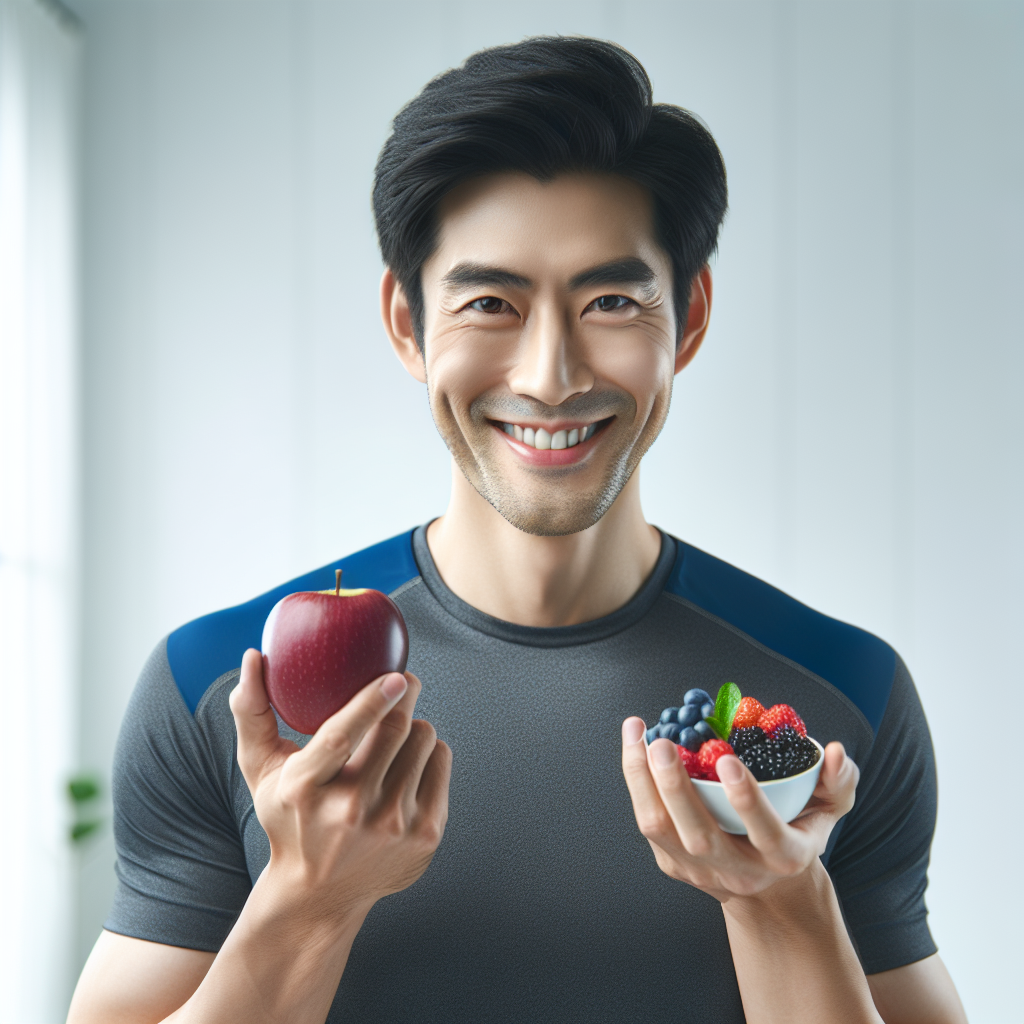 A person with a confident, healthy smile, radiating energy and well-being, enjoying a fresh apple or a handful of colorful berries. The background is bright, clean, and minimalist, suggesting a light, active lifestyle, with no sugary treats visible to emphasize the 'without sweets' approach. Modern, clean aesthetic.