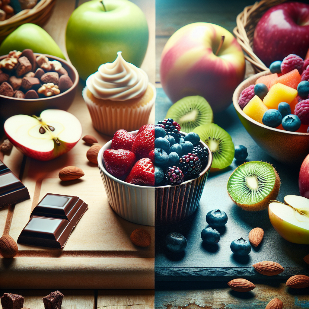 A visually striking composition on a kitchen counter, showing a clear contrast: On one side, a few tempting but slightly blurred sugary treats like a piece of chocolate or a cupcake, receding into the background. On the other side, vibrant, crisp fresh fruits (e.g., berries, sliced apple, kiwi) and a bowl of healthy nuts are sharply in focus and beautifully arranged, illuminated by soft, natural light, symbolizing the successful replacement of sweets.