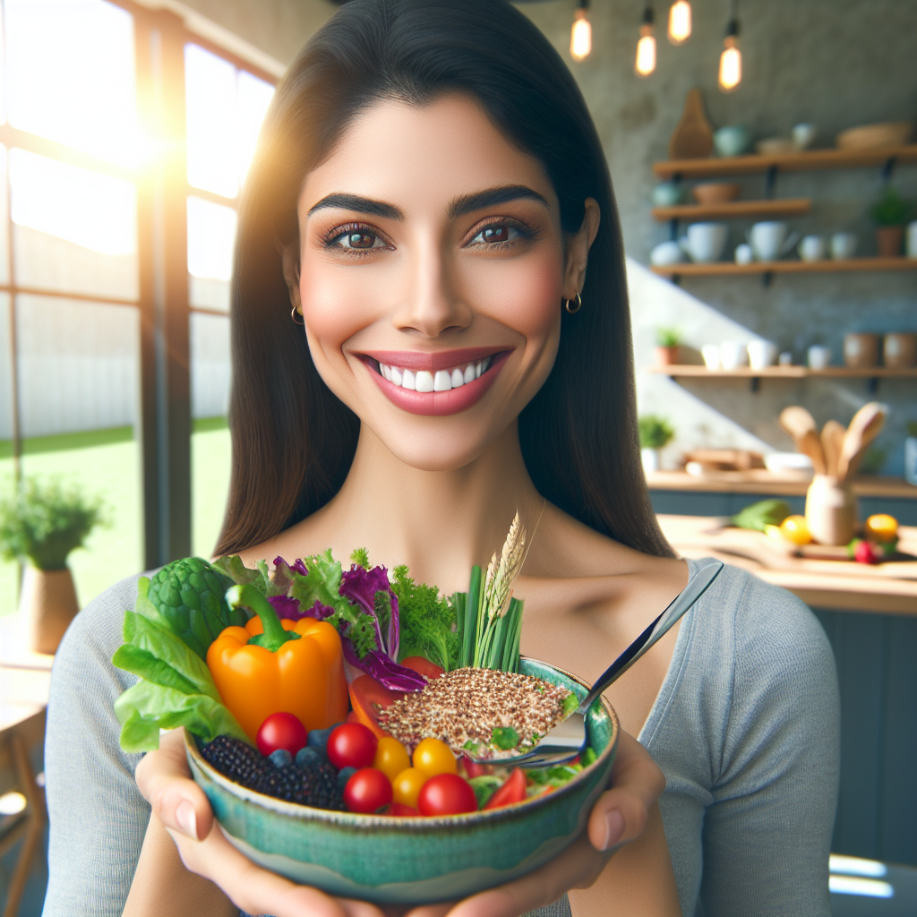 A vibrant, energetic person with a healthy glow, smiling confidently while holding a delicious, colorful meal composed of fresh vegetables, lean protein, and gluten-free grains (like quinoa or rice). The setting is a bright, modern kitchen or a sunny outdoor cafe, conveying a sense of lightness, well-being, and successful healthy eating without wheat. There are no traditional wheat products visible.