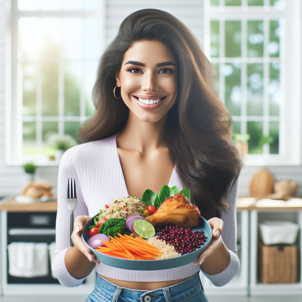 A vibrant, confident person smiling, holding a beautifully plated meal featuring colorful, wheat-free ingredients like fresh vegetables, a lean protein, and a side of quinoa or wild rice. The setting is bright and clean, perhaps a modern kitchen or a sunny outdoor area, emphasizing a healthy, balanced lifestyle and successful weight management. No bread, pasta, or other wheat-containing products are visible in the image.