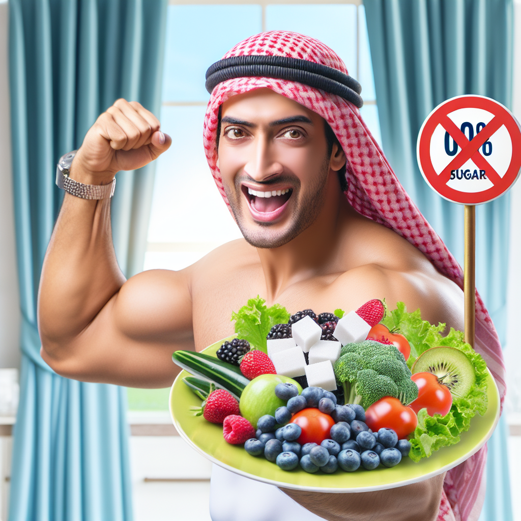 A vibrant and energetic person, looking healthy and fit, joyfully holding a plate brimming with colorful, fresh, and natural whole foods like berries, green vegetables, and lean protein. A subtle, stylized 'no sugar' icon (like a crossed-out sugar cube or a '0% sugar' badge) is subtly integrated into the background, representing a successful sugar-free diet for weight loss. The setting is bright, clean, and optimistic, evoking a sense of well-being and achievement.